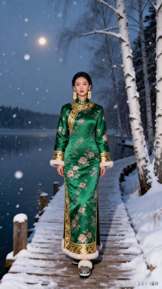 冬日雪景中的古典旗袍美人，绿衣华服，宛如画中仙。旗袍旗袍美女