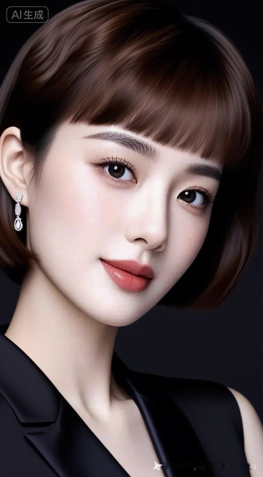 她留着棕黑色齐耳微卷短发，大眼双眼皮灵动有神，高鼻梁精致立体。身着时尚品牌华服，