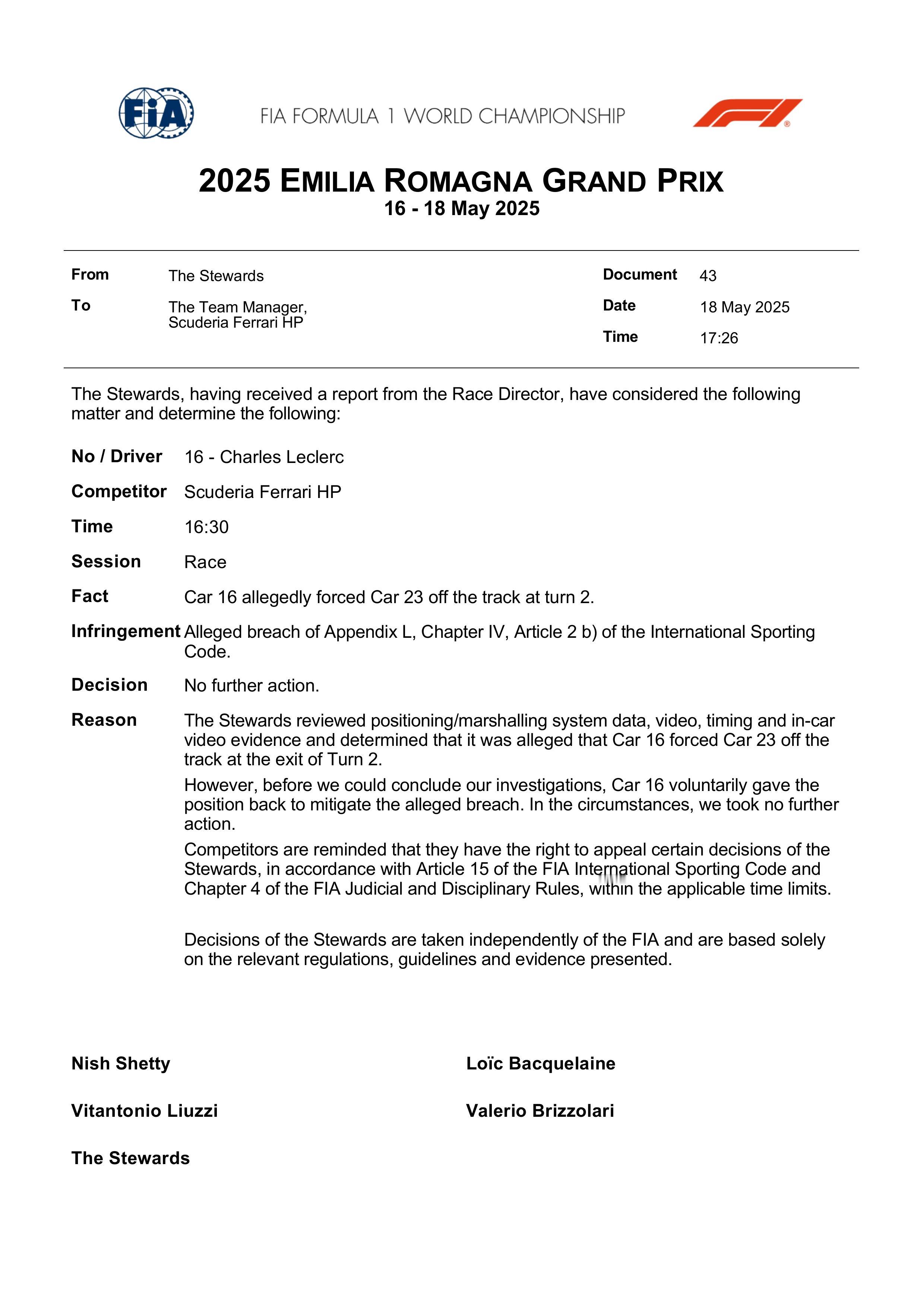 F1勒克莱尔迫使阿尔本驶离赛道，没有进一步调查。官方文件中的理由写道：赛事仲裁