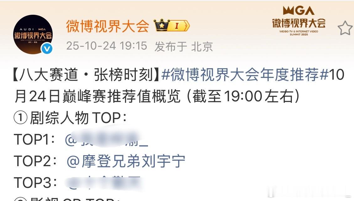 刘宇宁号召力这一块的，视界大会投票四个大榜两个榜一。剧综人物榜二、剧集书卷一梦第
