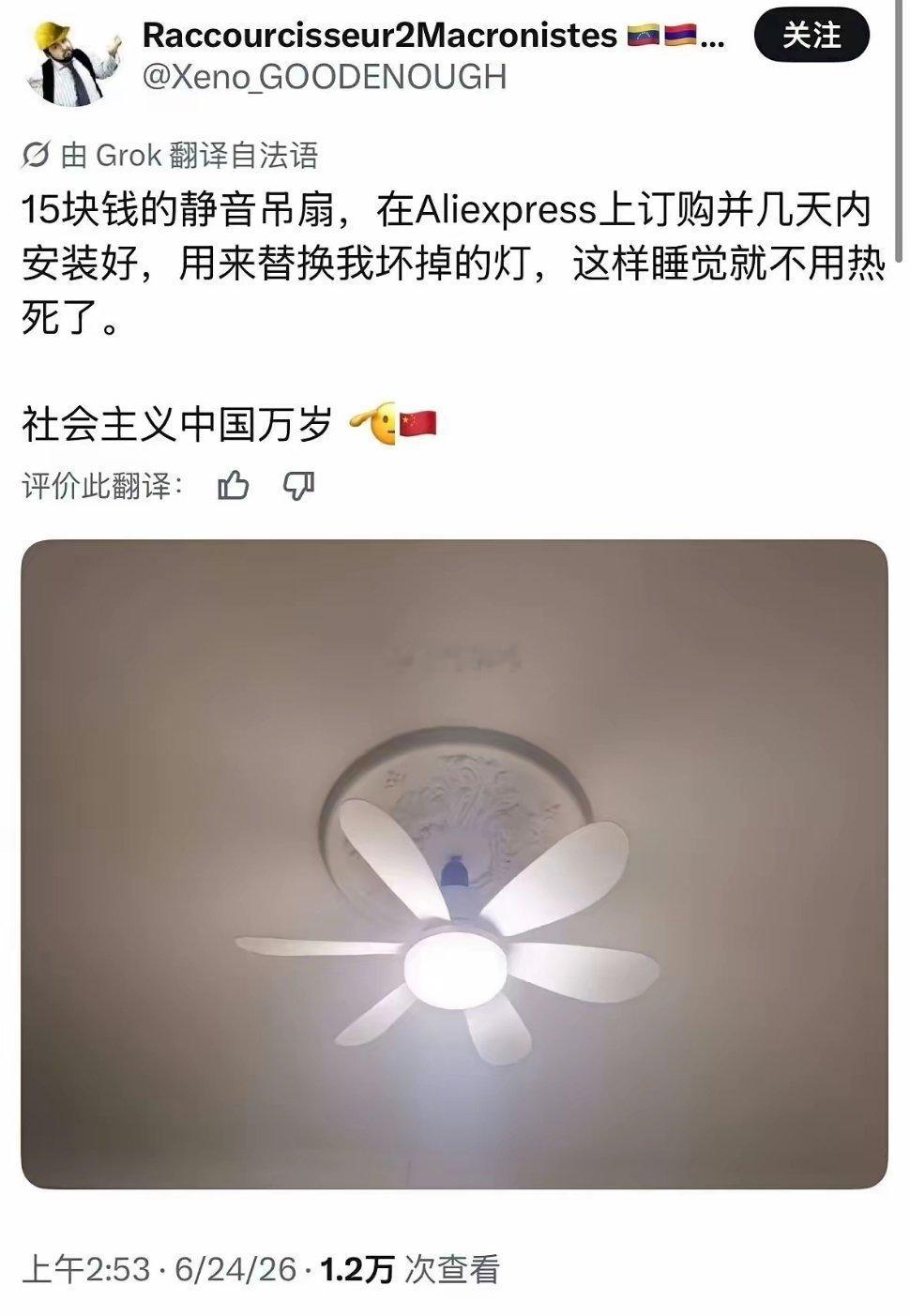 法国网友晒终于装上的吊扇，中国网友：为啥不装空调？