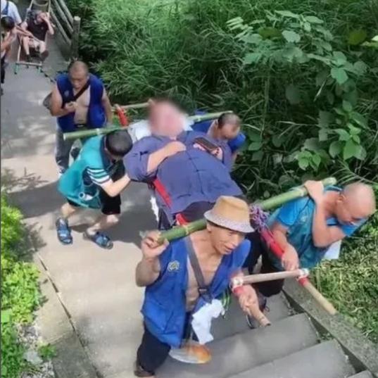 四川，一个263斤的大哥，花了两万多请9个轿夫把他抬上峨眉山，去财神殿拜财神，他