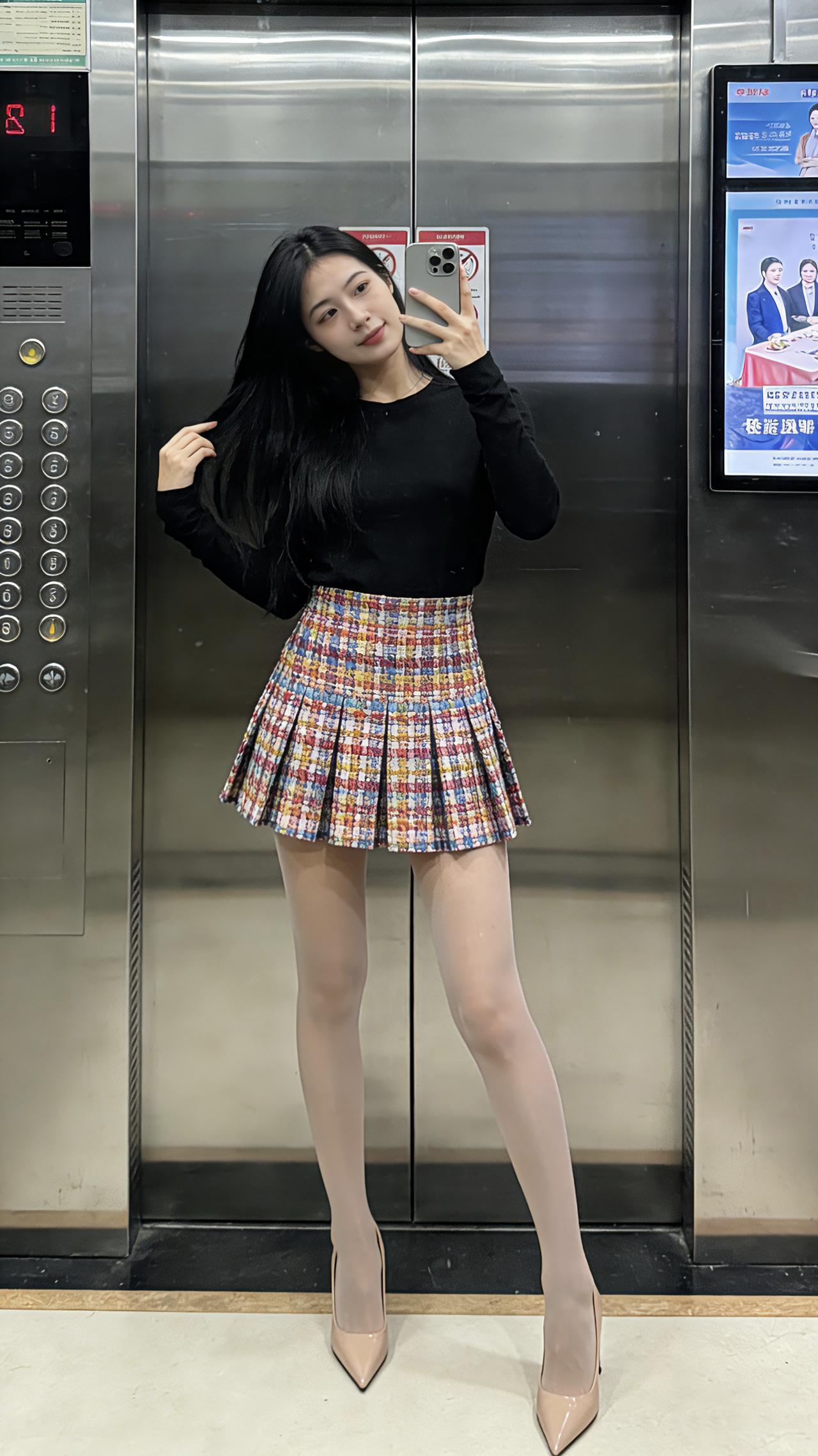 这种轻熟甜酷风你们爱了吗？电梯间里，黑上衣衬得清爽利落，彩格褶裙一摆又裹满复古甜