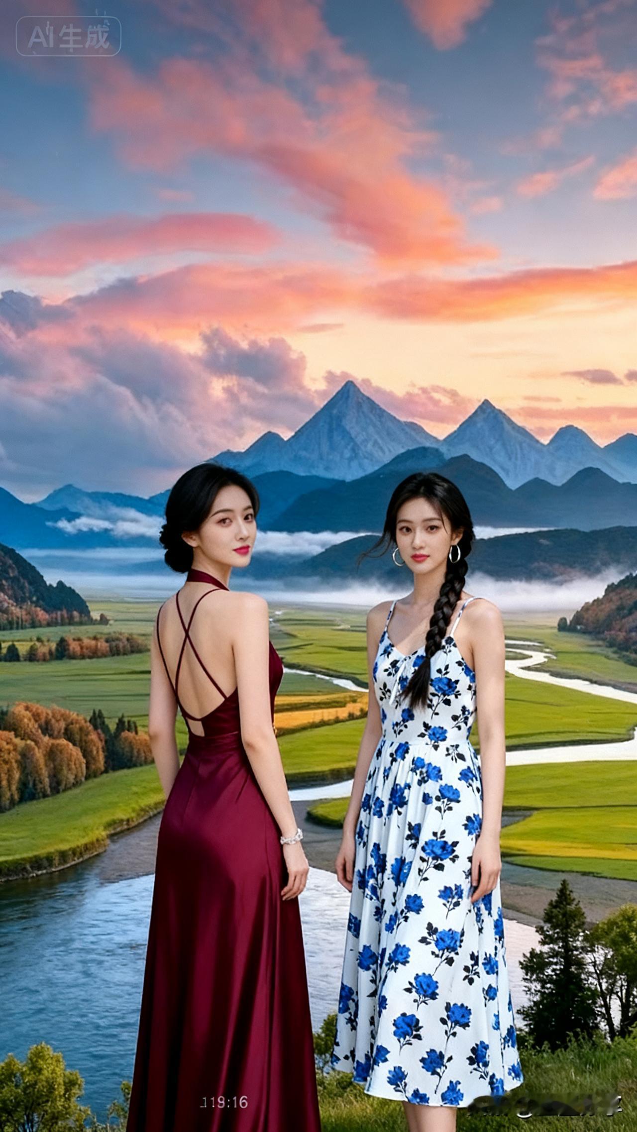 两位姑娘站在山间美景前，那画面简直绝了！就像走进了一幅绝美的画卷。这就是大自然和