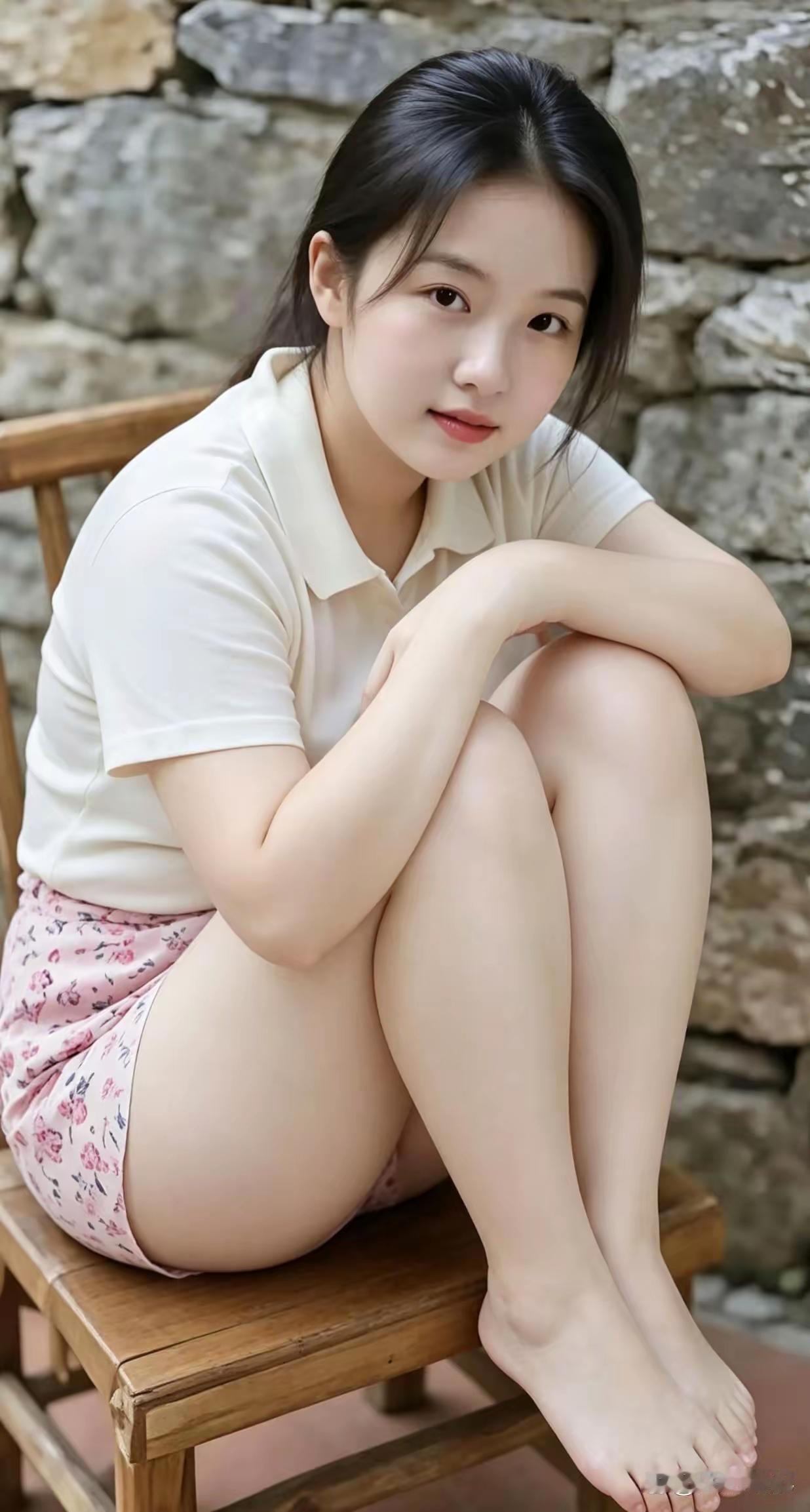村舍俏影古旧石墙衬出娇柔面庞，素净衣衫简约尽显纯真。一双眼眸澄澈藏着灵气，