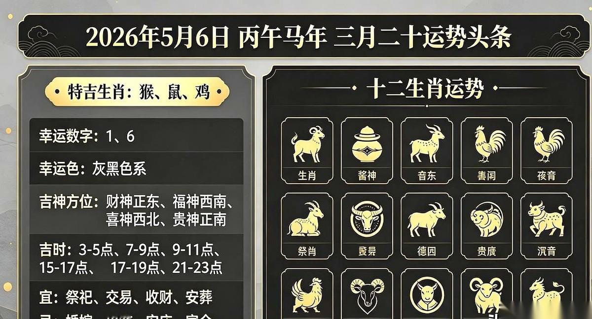 翻开2026年5月6号的老黄历，有三个属相，那天简直是财神爷追着往口袋里塞钱。