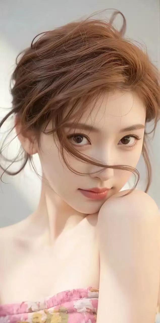 温柔甜美的少女，自然卷发，粉色花朵连衣裙，清新自然。