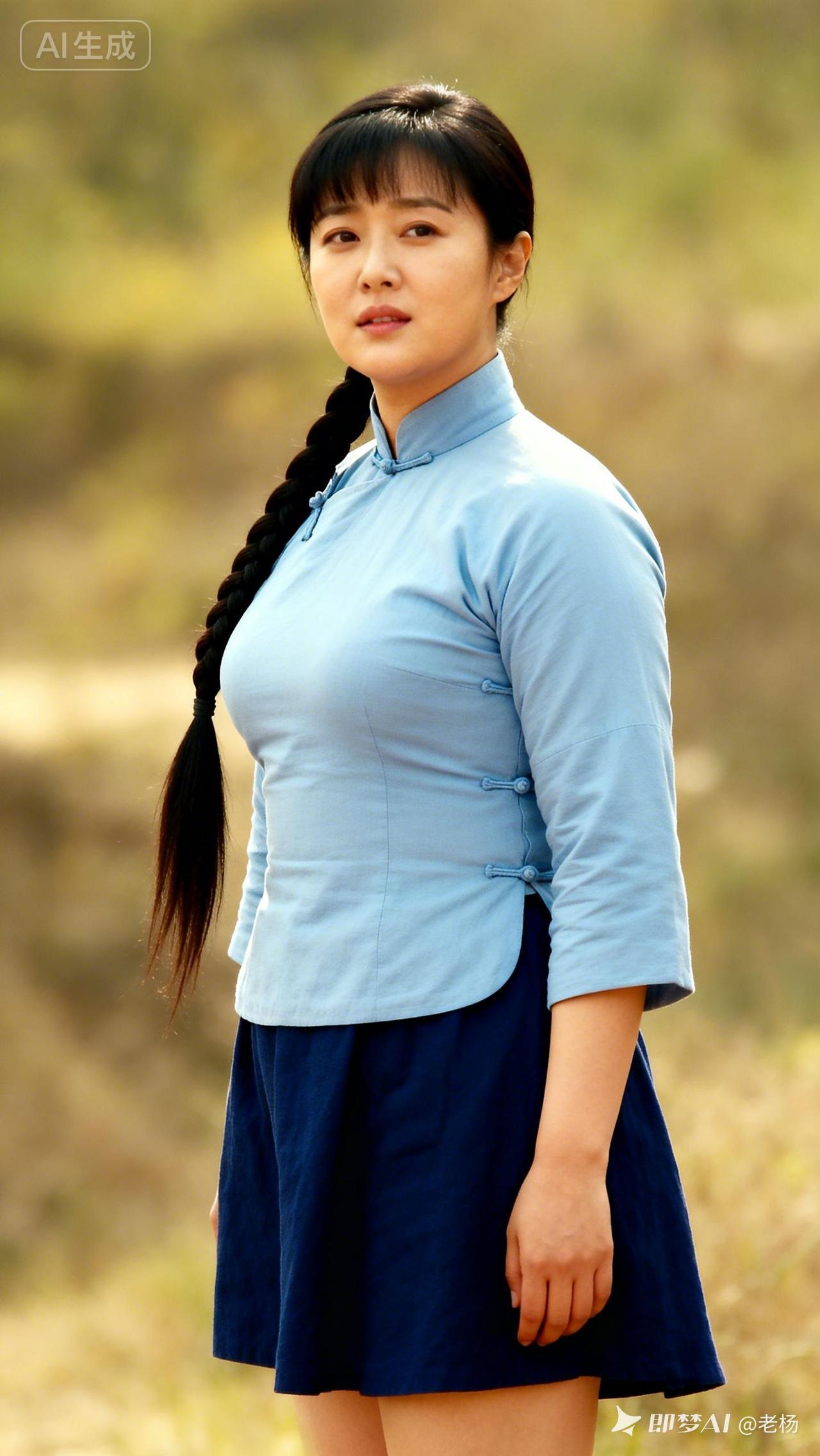 古风少女，蓝衣飘飘，长发飘逸，宛如画中人。