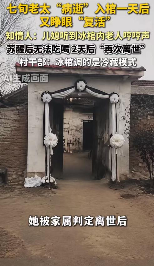 河北沧州，一位七旬老太入棺一天后，儿媳忽然听到棺材里传来动静。她屏住呼吸，朝棺内