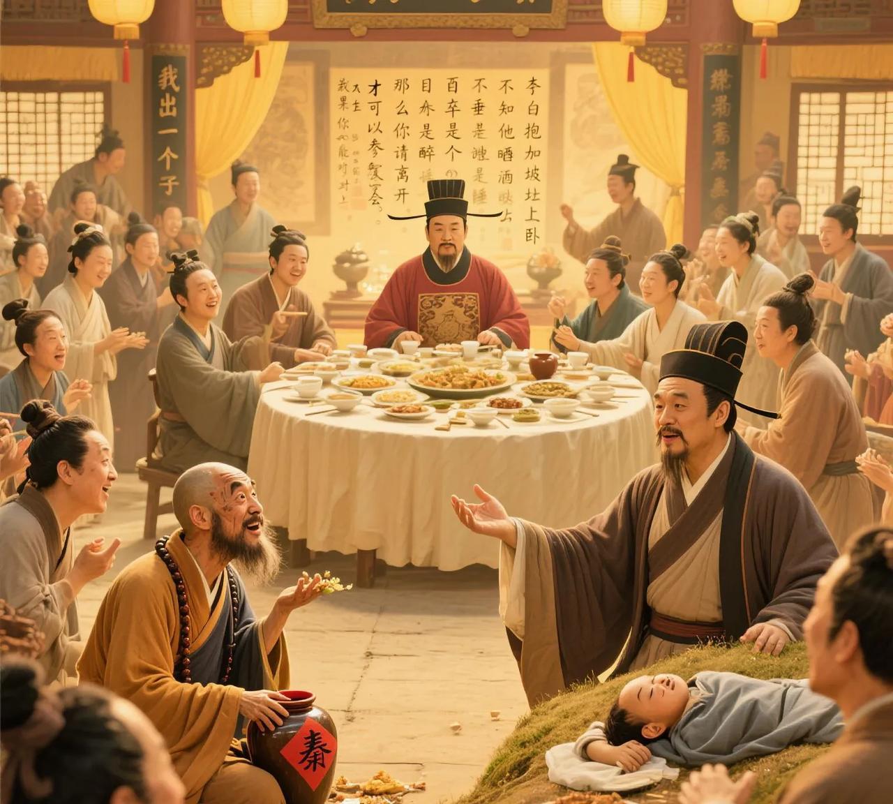 宋朝的宰相秦桧大宴宾客，疯疯癫癫的道济和尚也不请自到，来蹭饭吃。秦宰相也不好明着