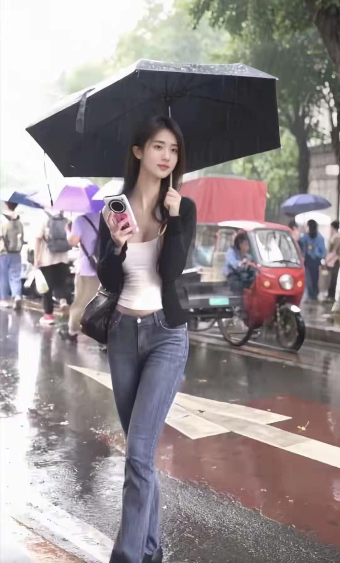 雨中漫步的美女