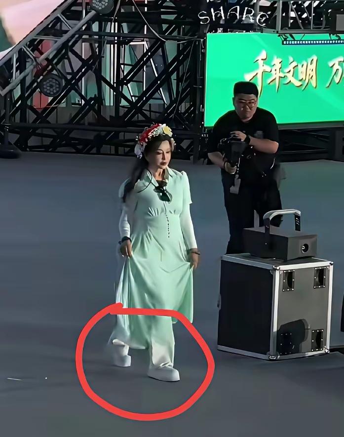 明星穿增高鞋近日明星刘晓庆，穿着白色的厚底增高鞋，在万岁山走秀。不得不佩服，
