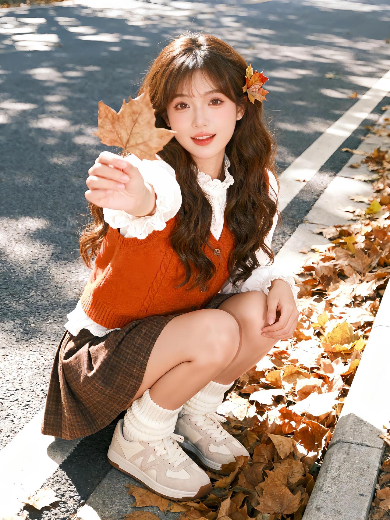 秋日暖阳下少女与落叶的浪漫邂逅🍂🌸秋日落叶季活泼可爱少女感穿搭