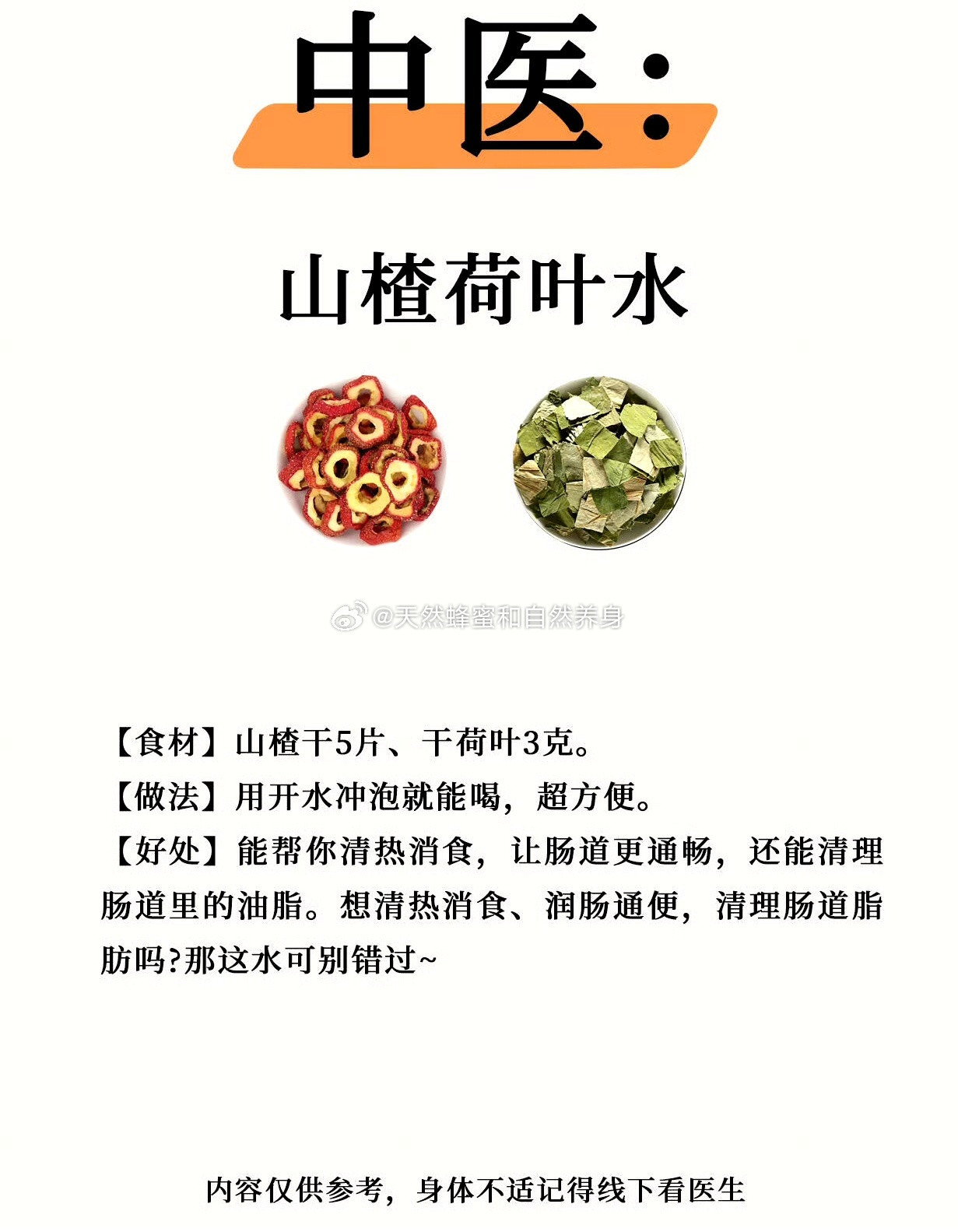 中医：山楂荷叶水【食材】山楂干5片、干荷叶3克。【做法】用开水冲泡就能喝，超方便