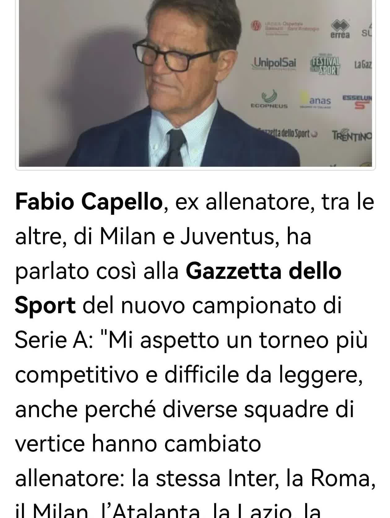 卡佩罗放话：无欧战拖累的阿囧米兰必须剑指意甲冠军！