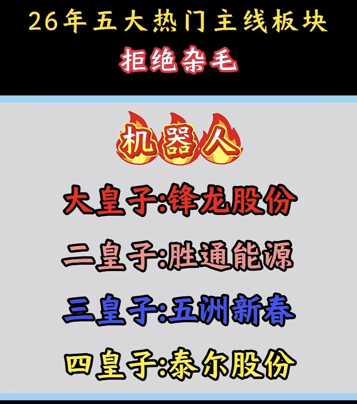 2026年五大热门主线板块，拒绝杂毛，抓住机会！26年聚焦五大主线，机器人领