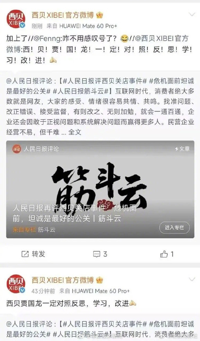 #西贝再度回应加了15个感叹号#【#西贝回应人民日报评论加了15个感叹号#：贾国