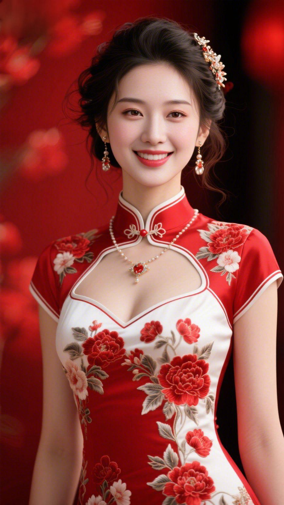 红襟与绣间春声朱红底色里，她立在柔光中，旗袍似将春的明艳织作衣装，绣纹里的