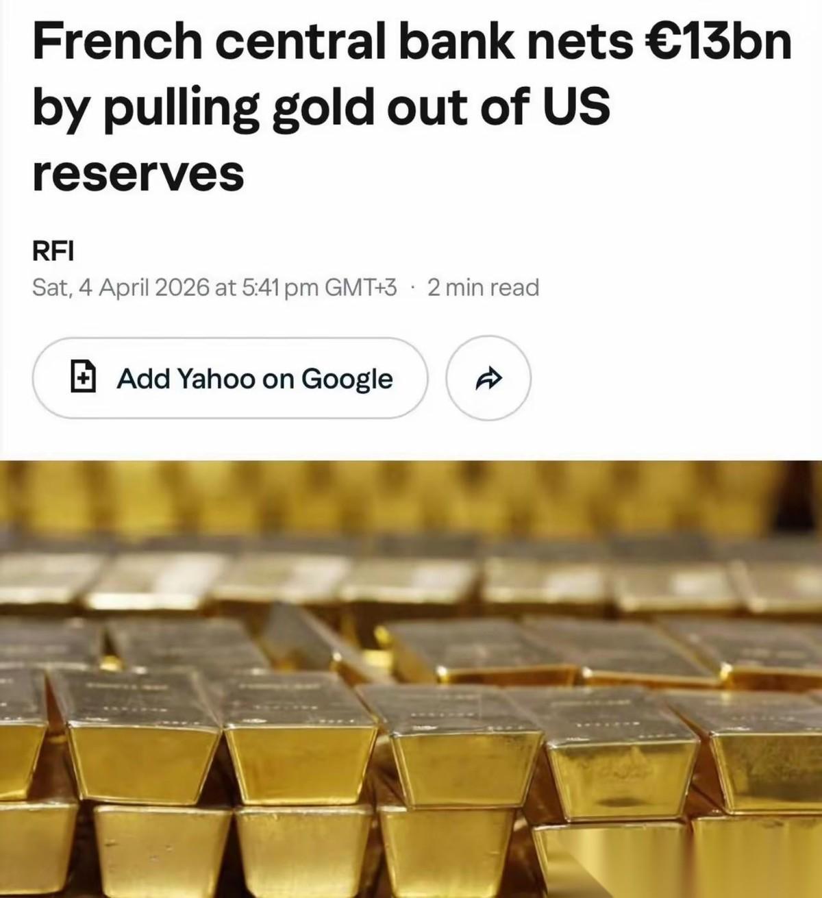 近日，法国央行出售了129吨存放在美国的黄金，获利130亿欧元，并表示，目前所有