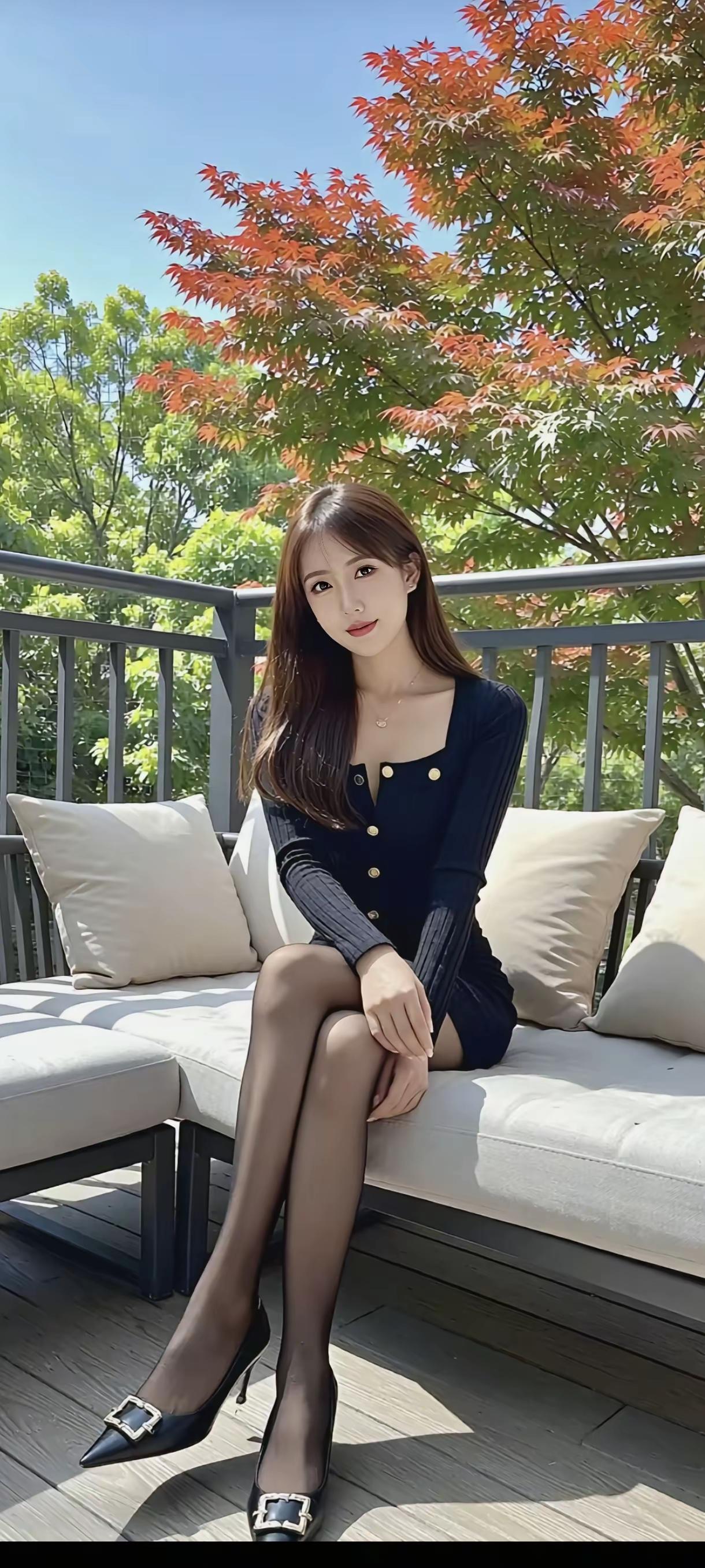 秋日暖阳下，优雅黑裙与红叶相映成趣，尽显迷人风情。