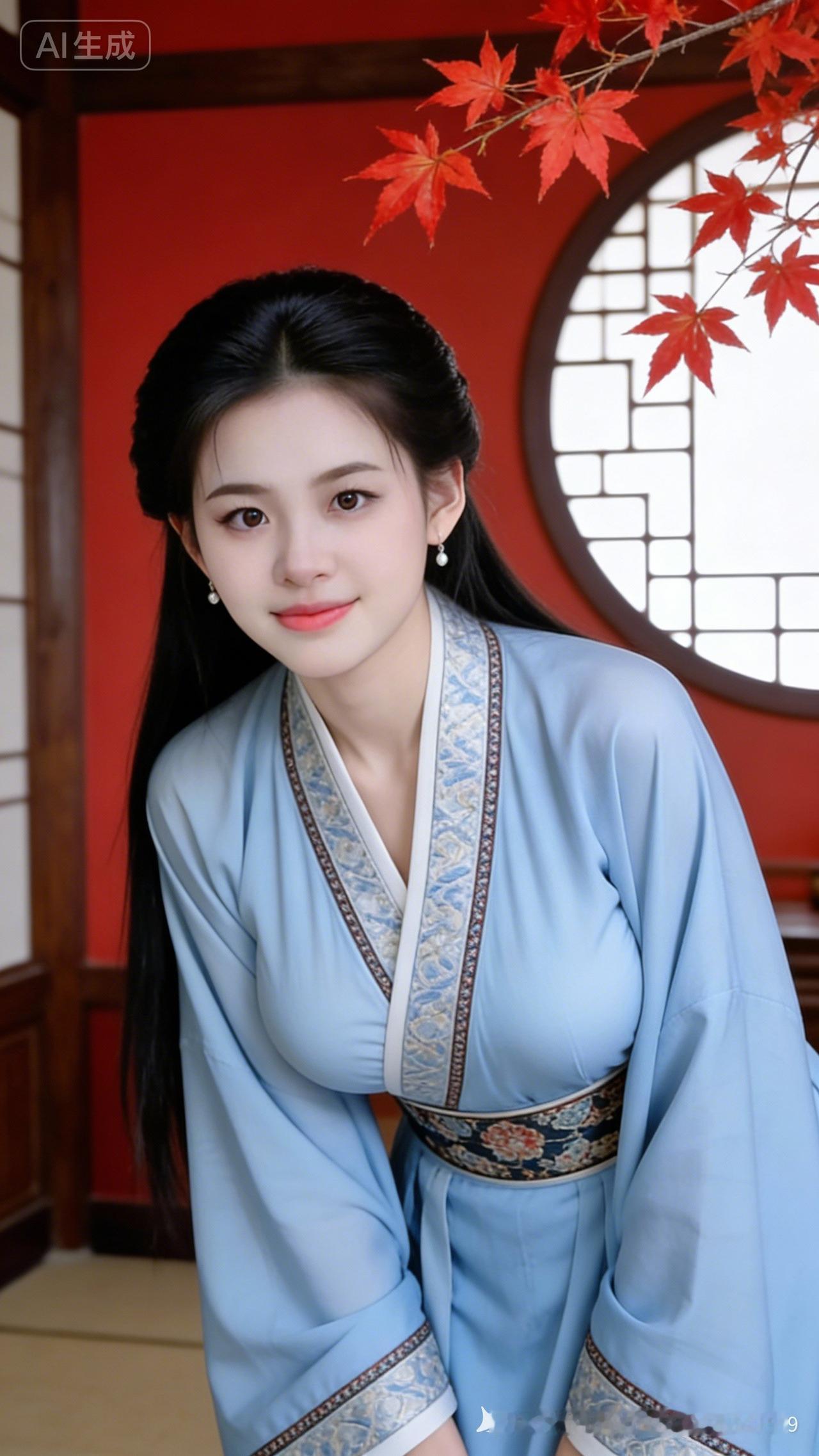 古风少女，红叶映衬，优雅动人！