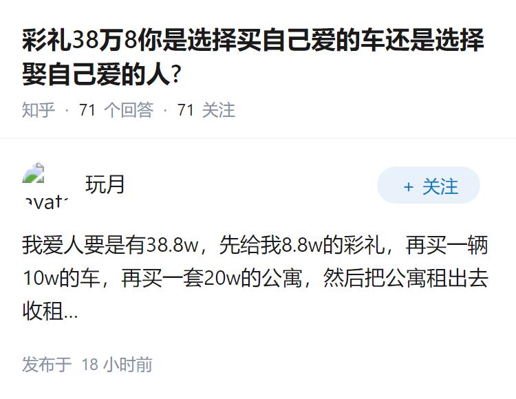 彩礼38万8你是选择买自己爱的车还是选择娶自己爱的人?