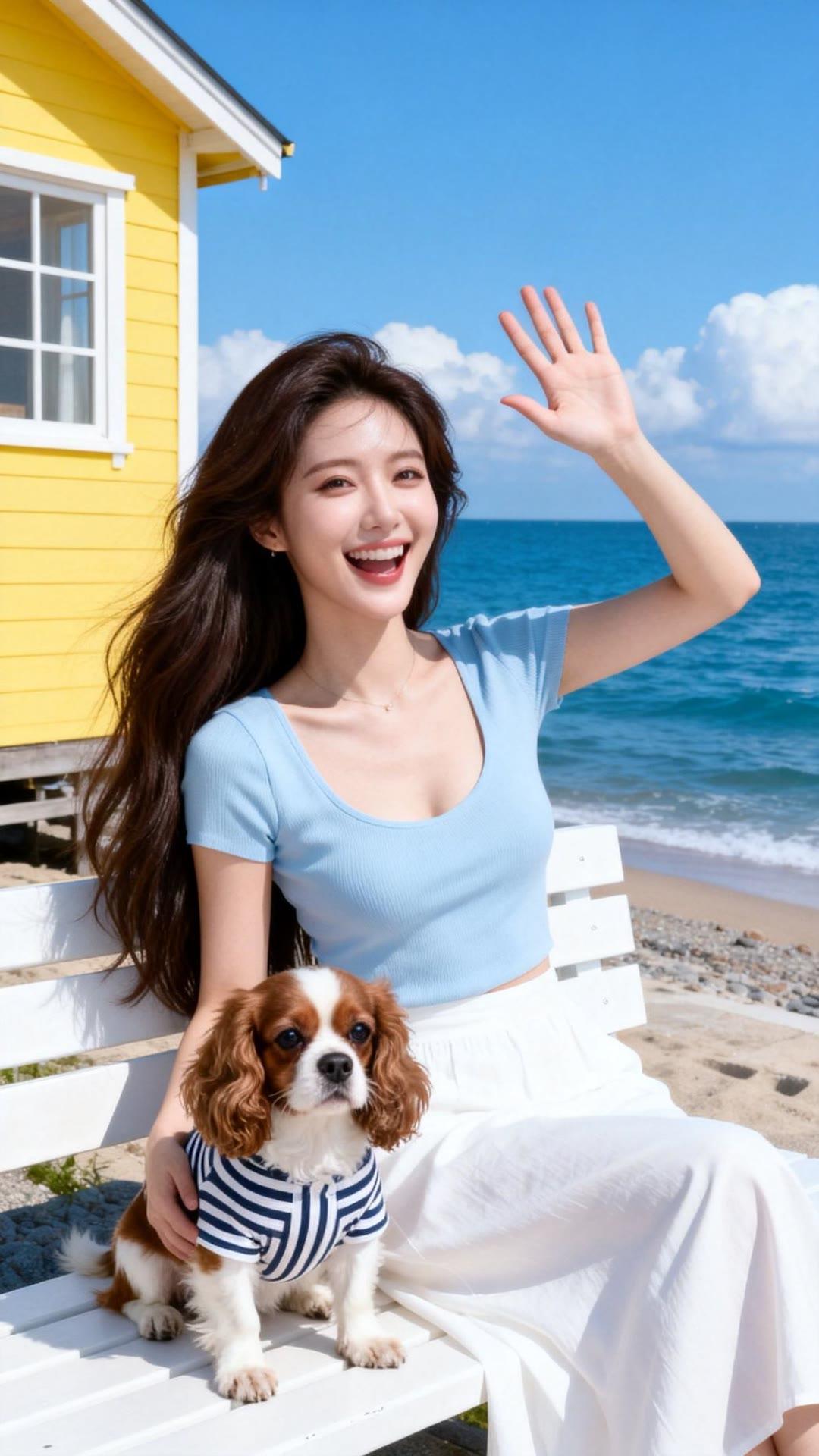海边阳光明媚，少女与小狗的快乐时光🌞🐶💙