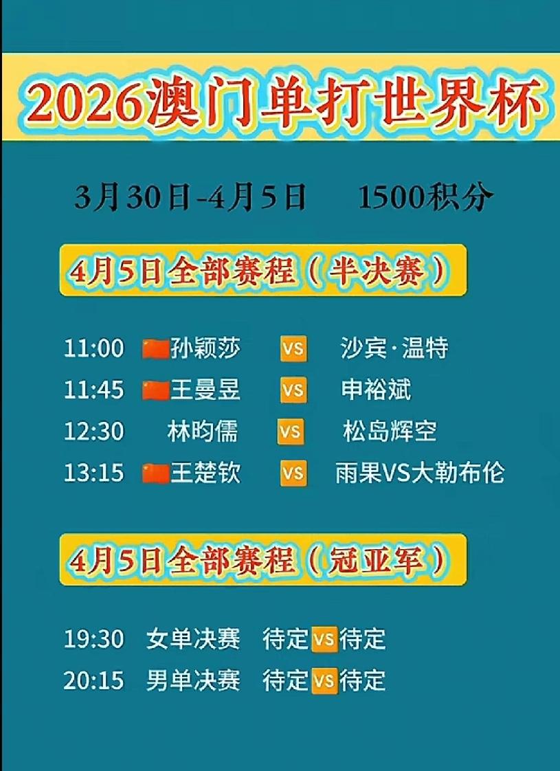 澳门世界杯4月5日赛程：期待王楚钦复仇雨果，期待莎莎曼昱决赛会师