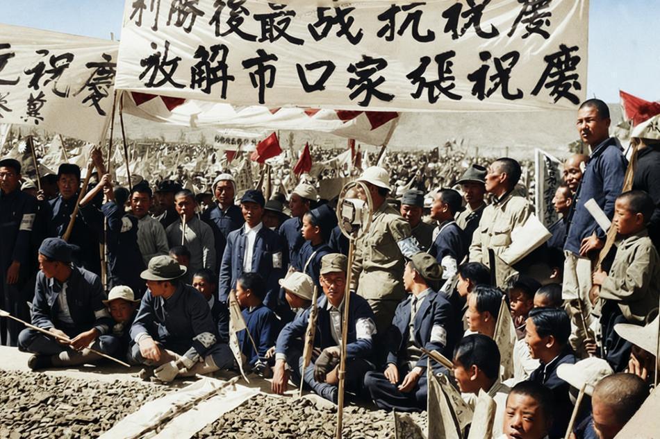 这张照片拍摄于1945年8月下旬，河北张家口市（当时属察哈尔省），当地群众和八路