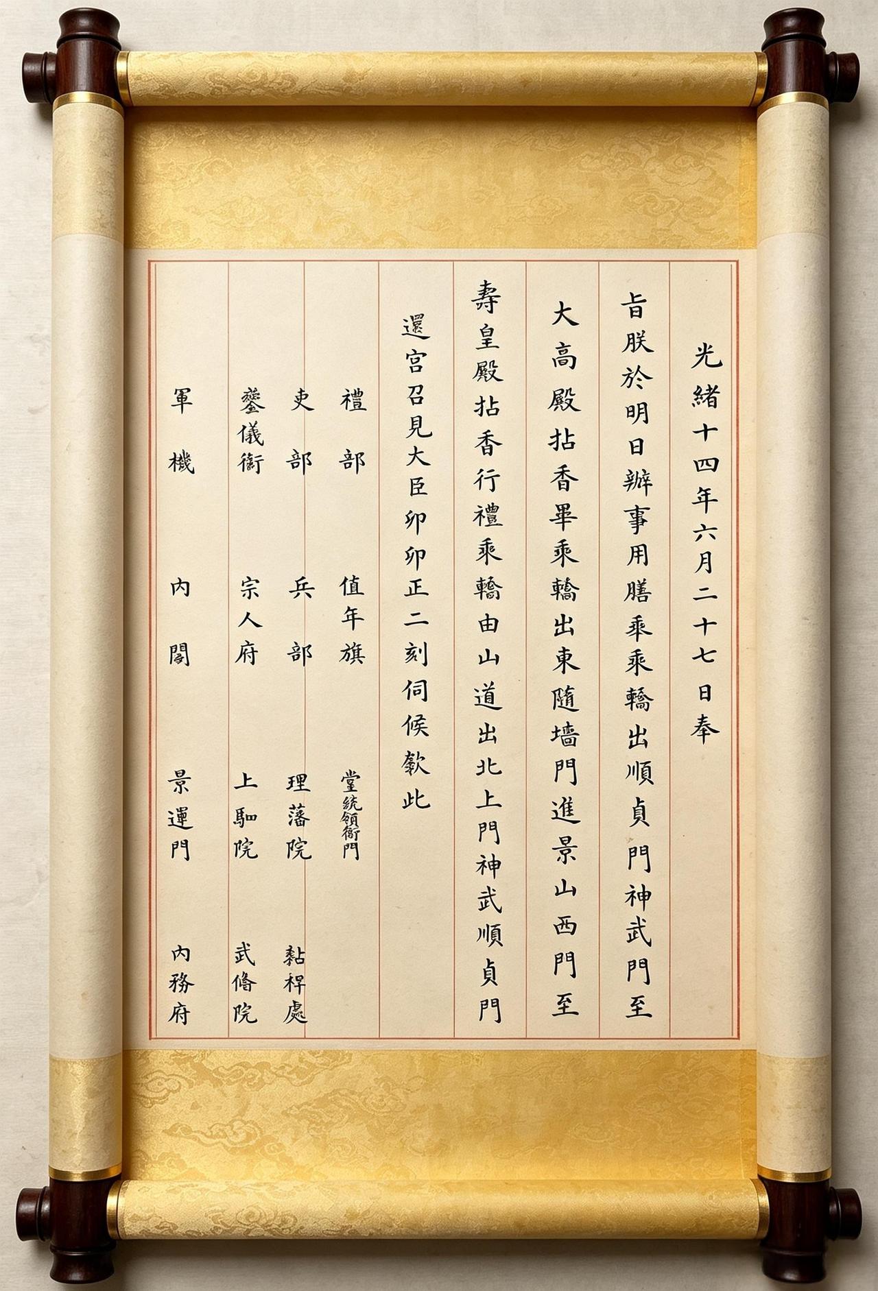 这是光绪十四年六月，光绪皇帝亲政不久，到大高玄殿与寿皇殿拈香。同时，京城十五个部