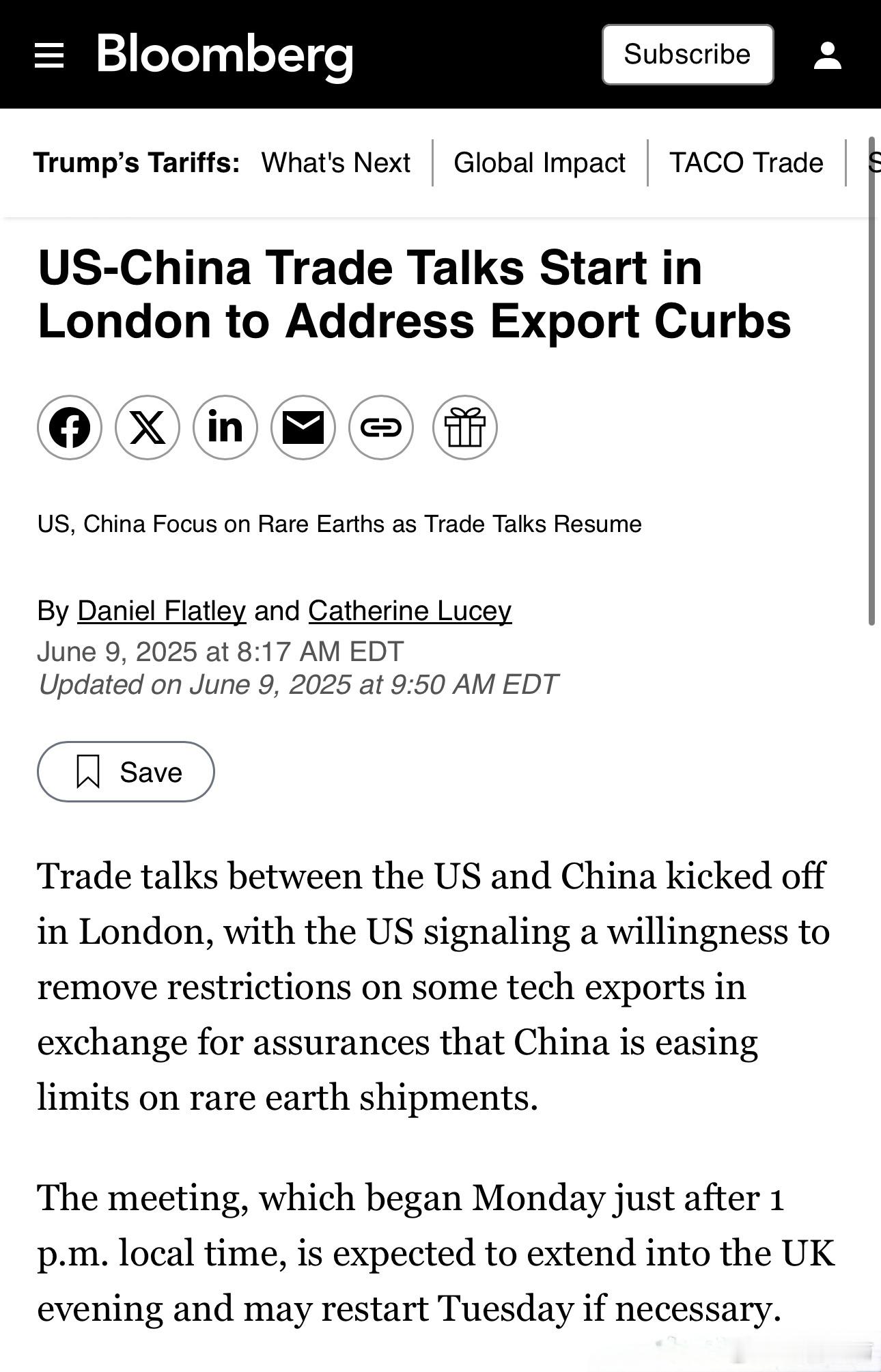 彭博社：中美贸易谈判刚刚正式在英国首都伦敦开始，计划将持续到当地时间晚间，预计美