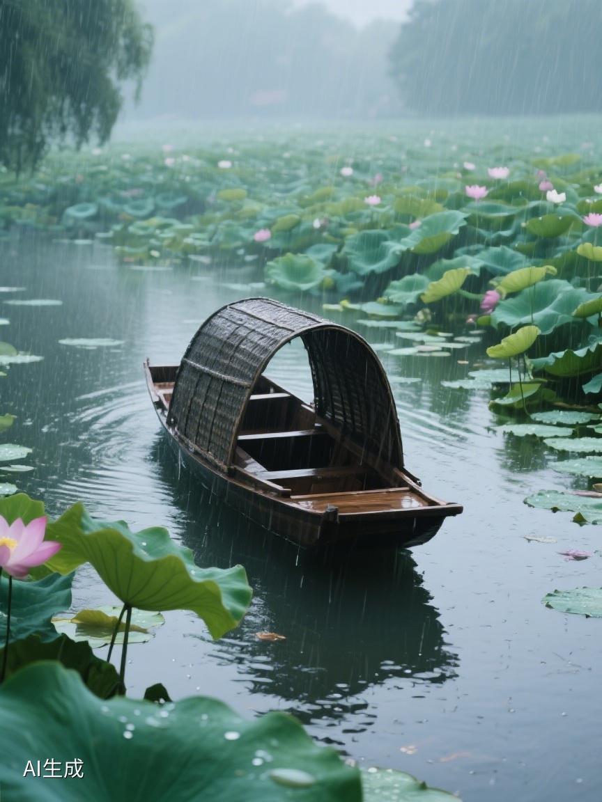 AI妙生图雨中荷塘，孤舟静泊，荷叶田田，雨滴轻落，似在诉说岁月的悠然与静谧