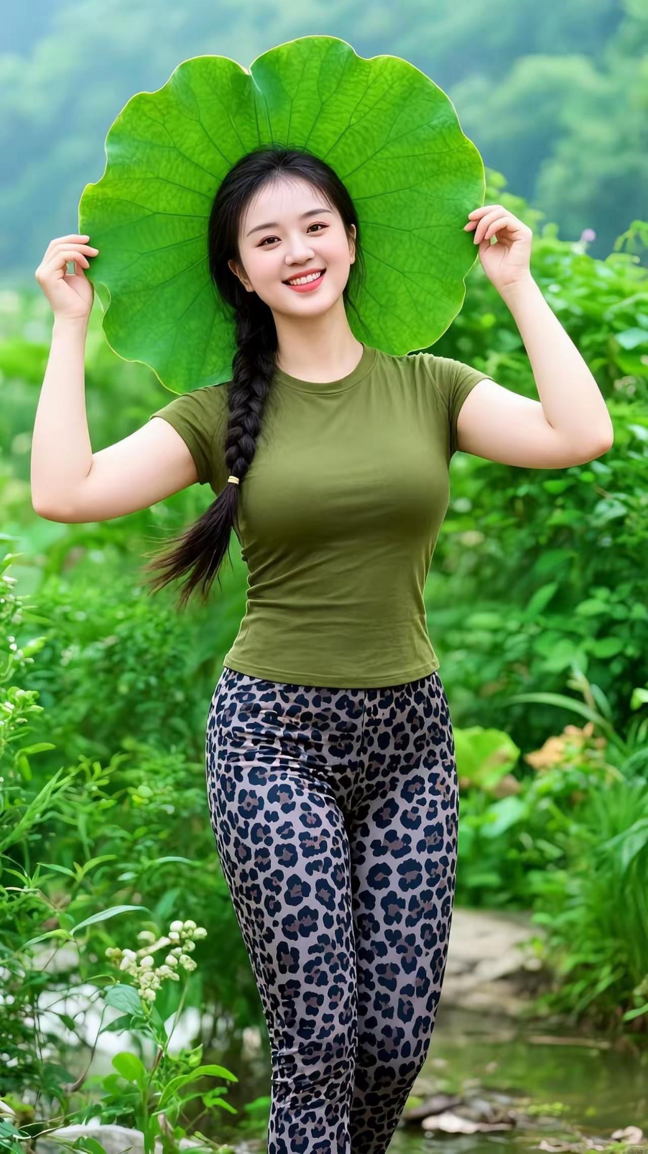 绿意盎然中，少女与荷叶相映成趣，自然清新！🌿💚