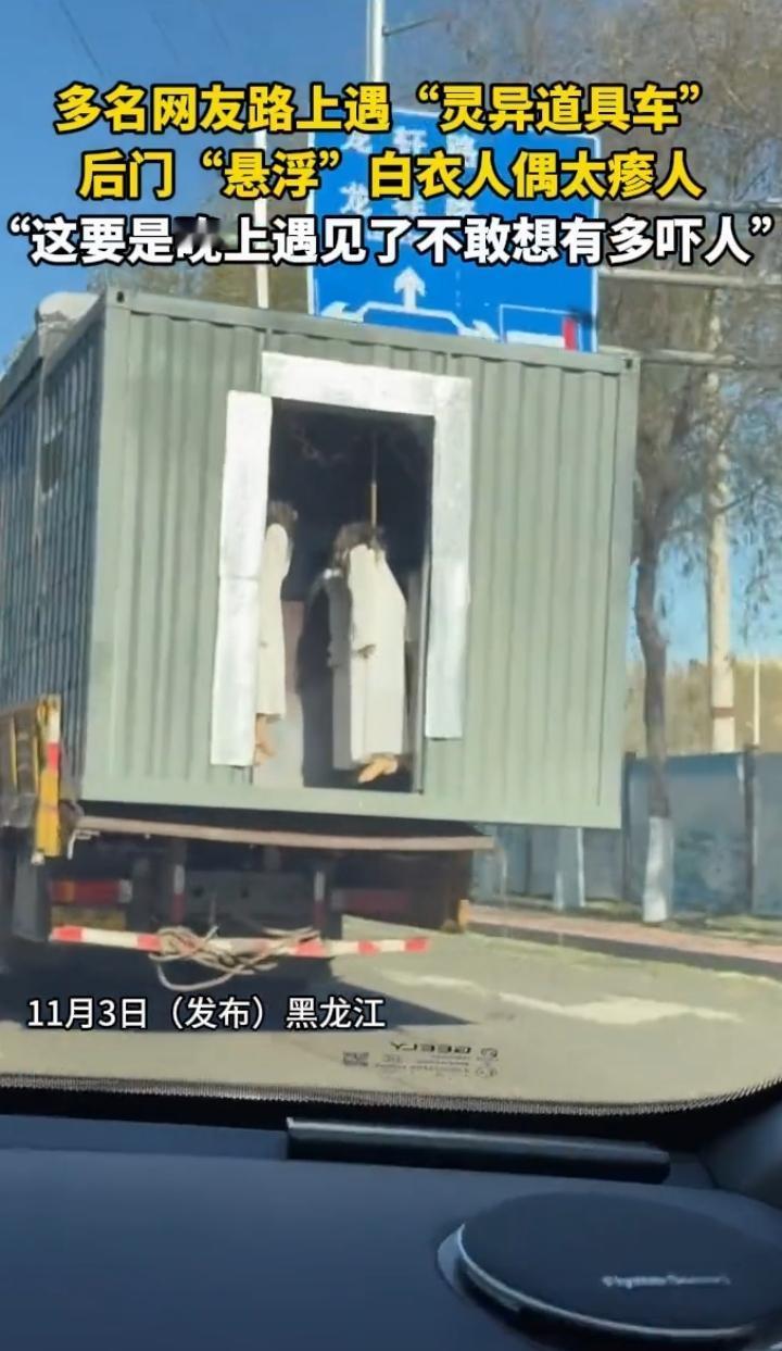 近日黑龙江哈尔滨，一36岁女子开车在路上，突然，看见前方的货车车厢后面竟然吊着几