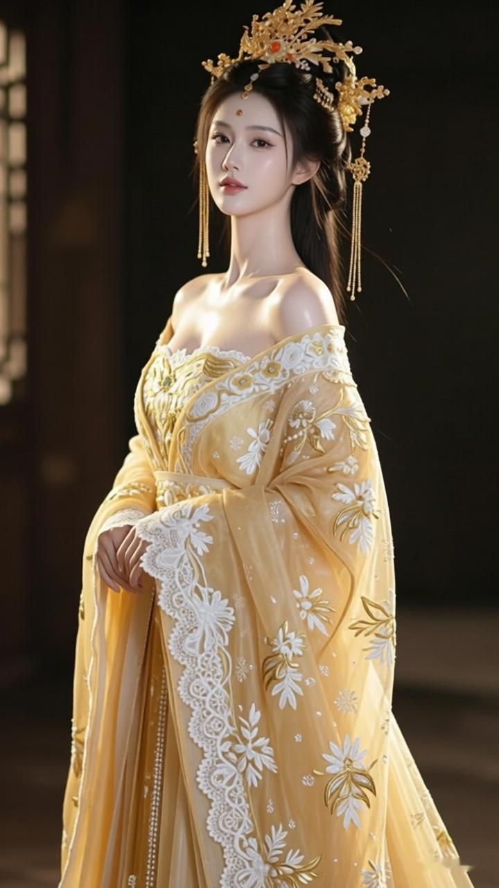穿越时空的古典美人，金色的华服与精致的妆容相得益彰，宛如古代宫廷的仙子。