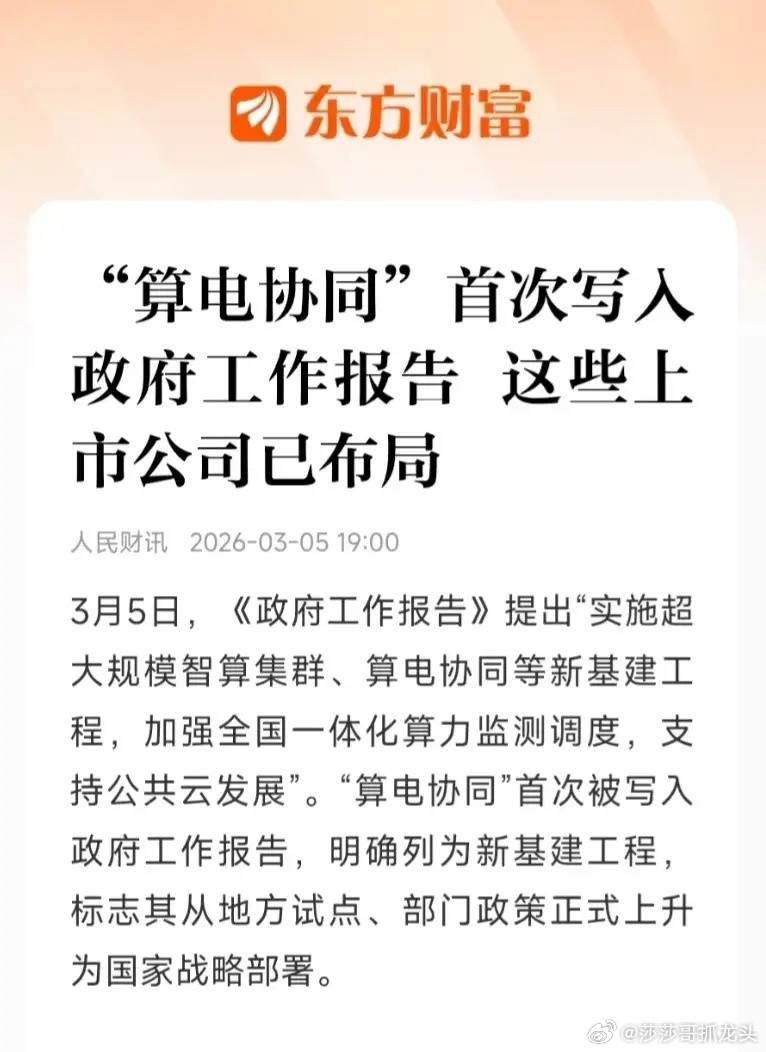 电力板块利好不断，“算电协同”首次写入工作报告。感觉2026年主升浪板块离不开电