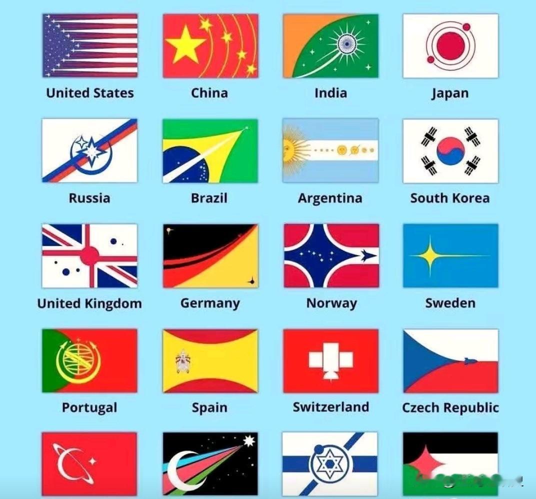 美国知名社交平台reddit为世界各国航天项目设计的旗帜图案，猜猜最后四个是哪四
