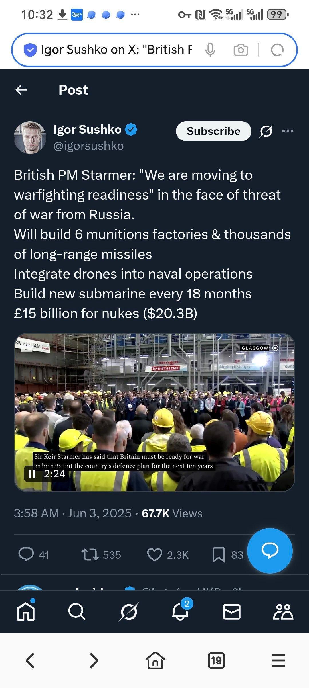 昨天，英国首相斯塔默在考察BAE造船厂时表示：“面对俄罗斯的战争威胁，我们正在