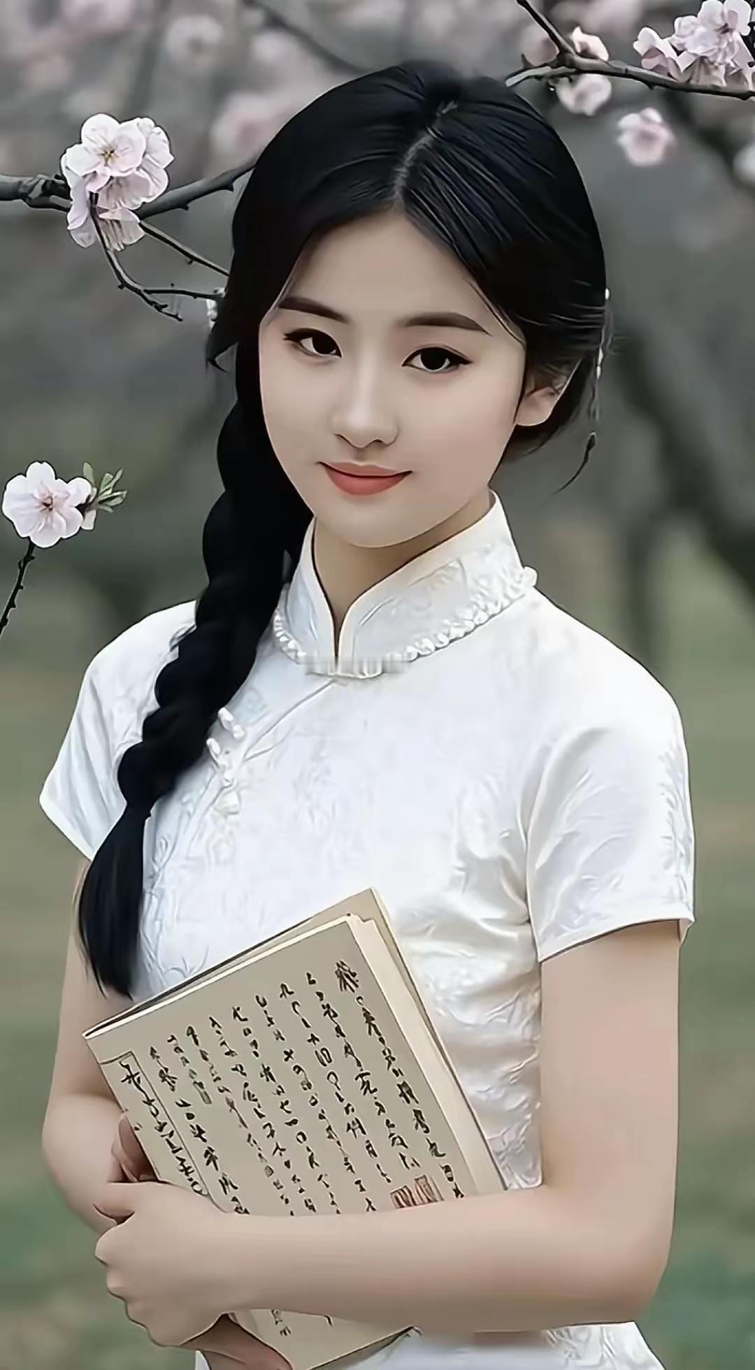 春日里的古典美人，手持古书，韵味十足。