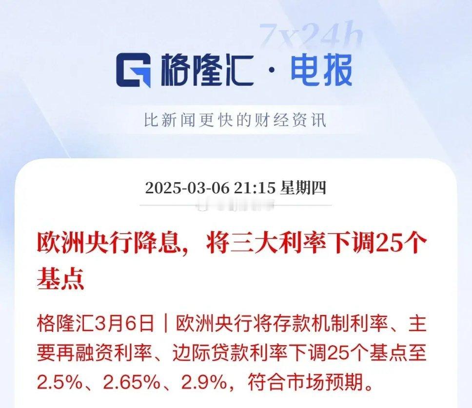 降息了，欧洲央利率决议公布！符合市场预期，下调25个基点欧元区欧洲央行主要再融资