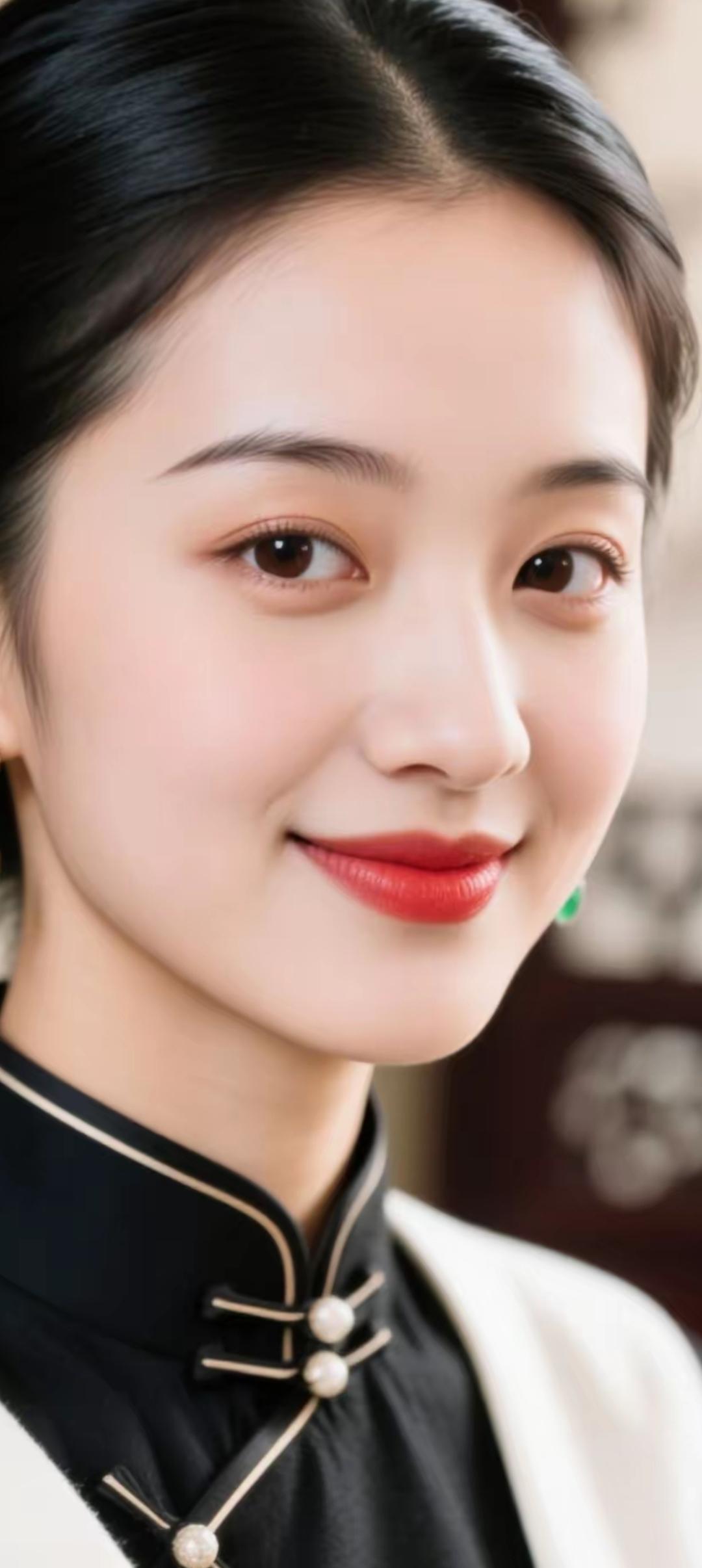 优雅东方美，红唇与黑衣的完美搭配，尽显古典韵味。