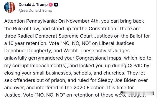 【黄金时代】川普呼吁宾夕法尼亚选民对三名觉醒大法官留任投“反对反对反对”票宾