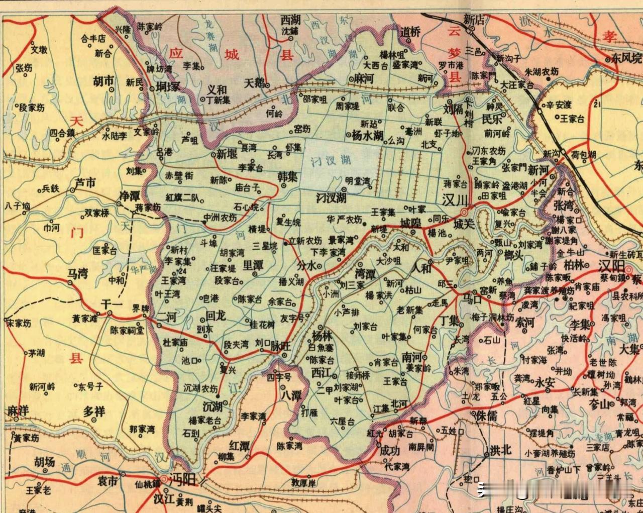 1978年湖北省汉川县地图。汉川县面积1617平方公里，人口约80万。全县分25