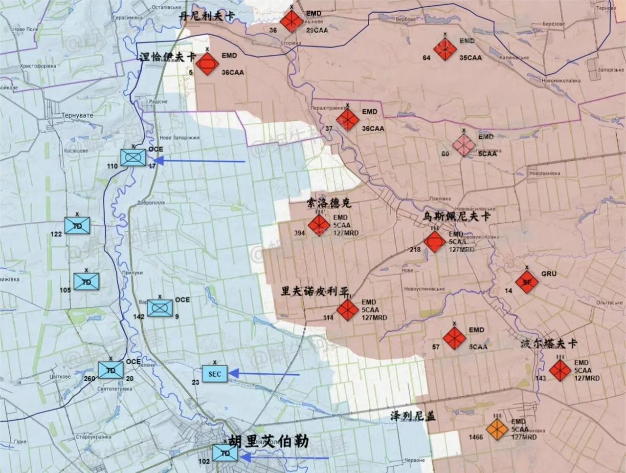 乌军第20军所属各作战旅都退到了盖丘尔河防线，弃守扬丘尔河与盖丘尔河之间的大片地