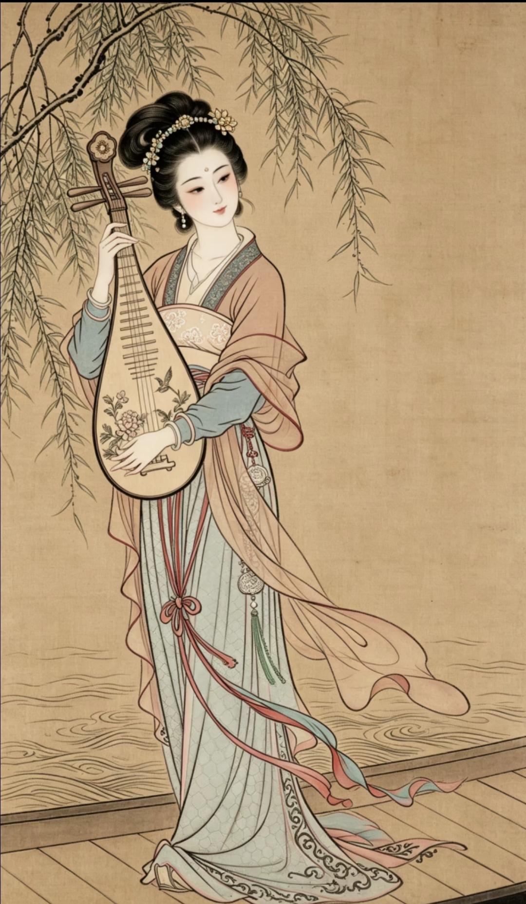素材|古风仕女弹琵琶线稿上色图柳丝轻拂，琵琶声起，古风美人舟中弹奏，一曲倾城
