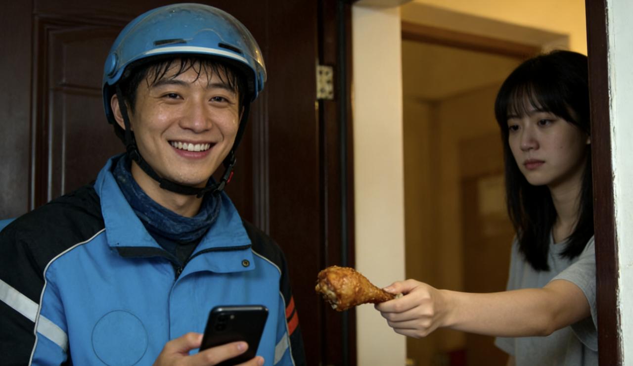 外卖小哥敲门时，她刚挂断男友的电话。“祝您用餐愉快。”小伙子满头汗，笑得却灿烂