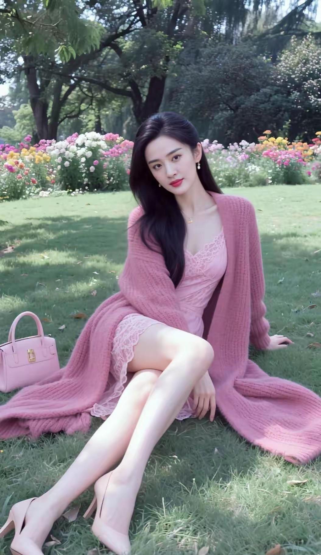 粉色连衣裙搭配草编包，在花海中尽显优雅与浪漫