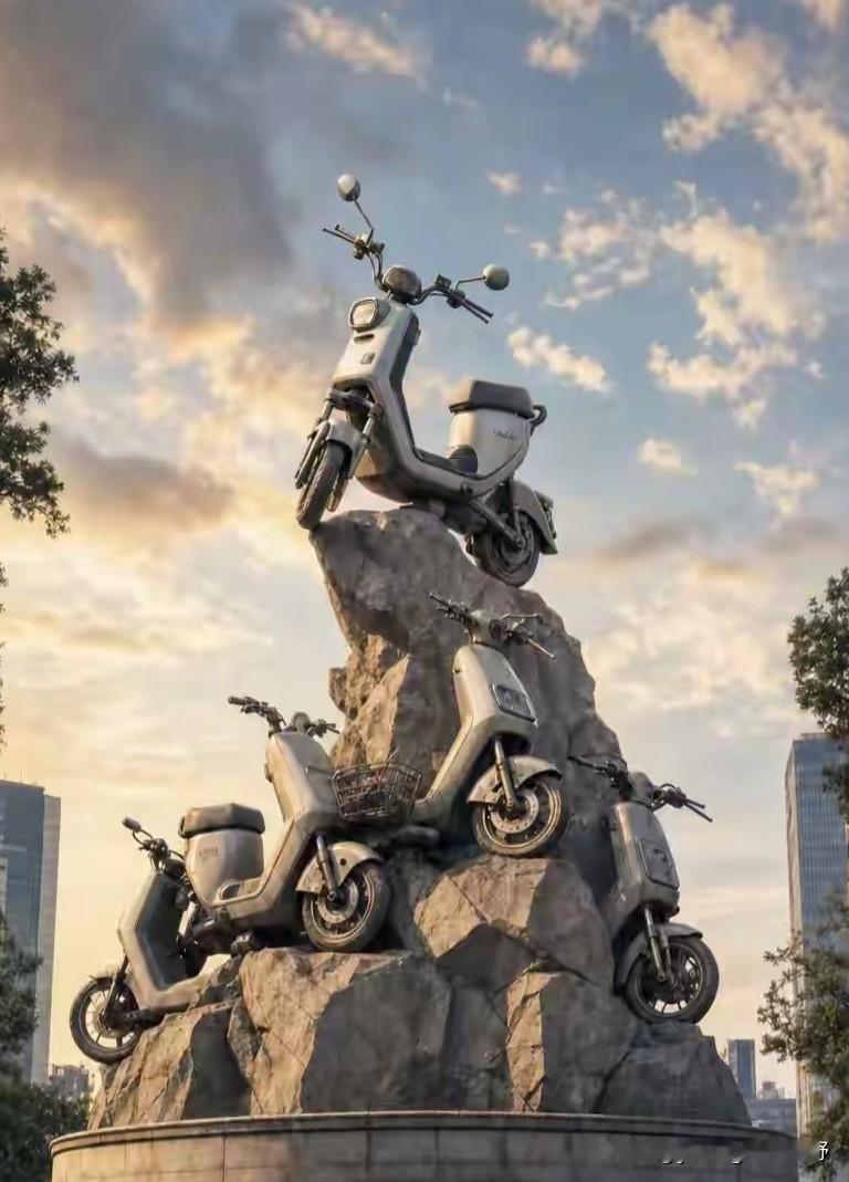 这张AI图真是绝了！[捂脸哭][捂脸哭]把广州的五羊雕塑换成了五辆电鸡，形成了一座五