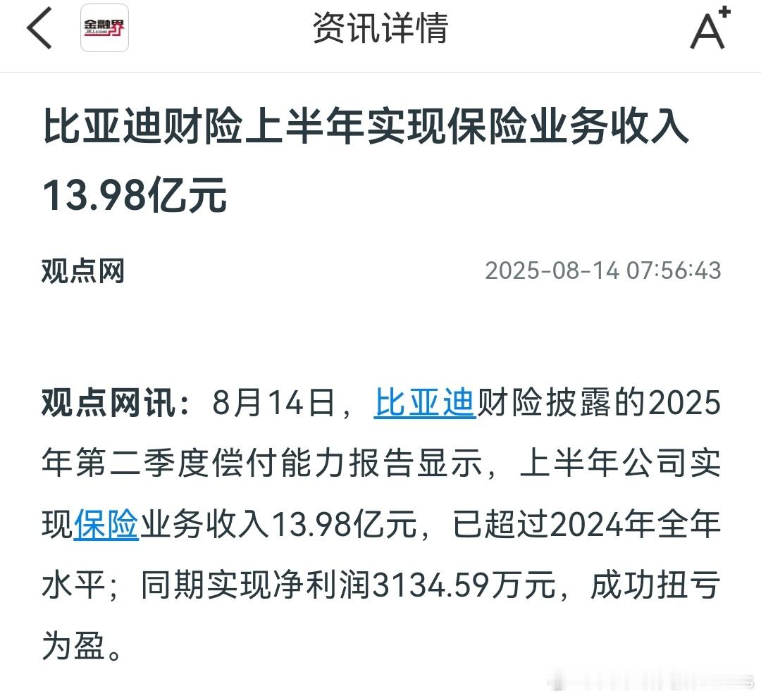 比亚迪财险扭亏为盈了，又跑通了一个汽车服务链的环节，建议尽早推广全国，千千万迪子