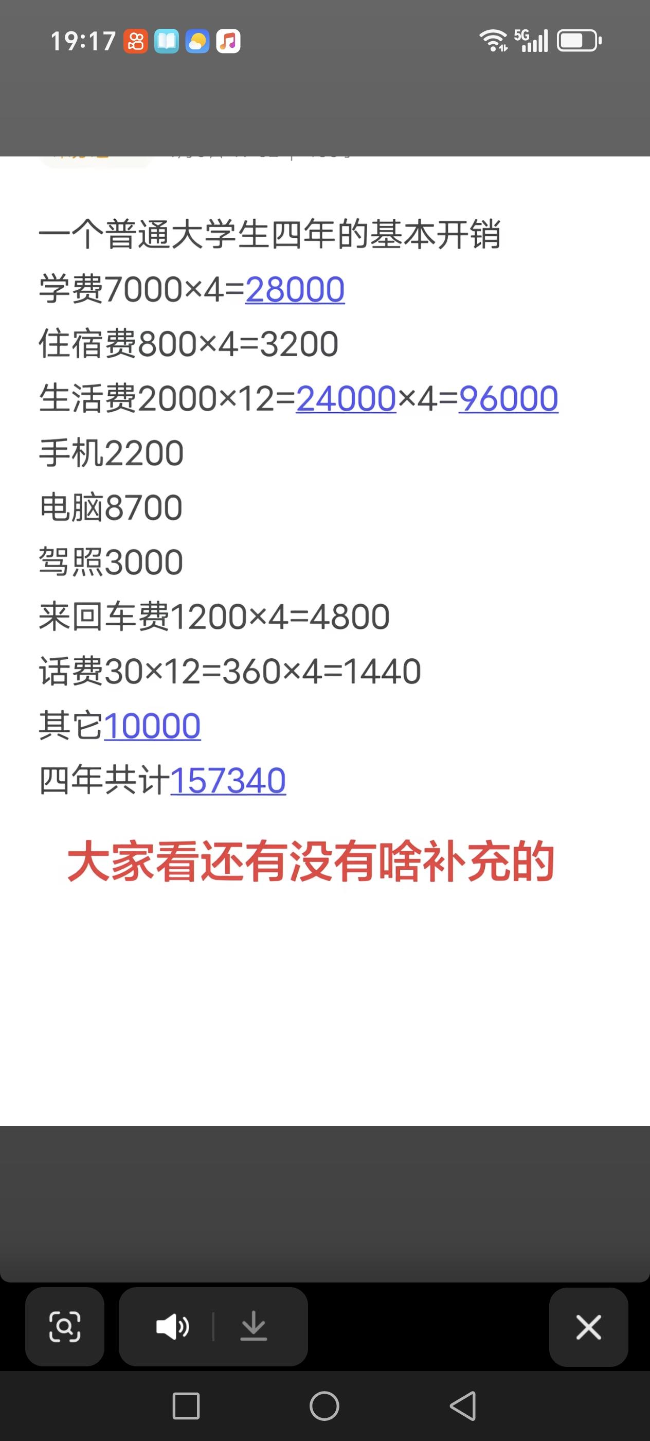 一个普通大学生四年的基本开销，您觉得还有补充的吗？